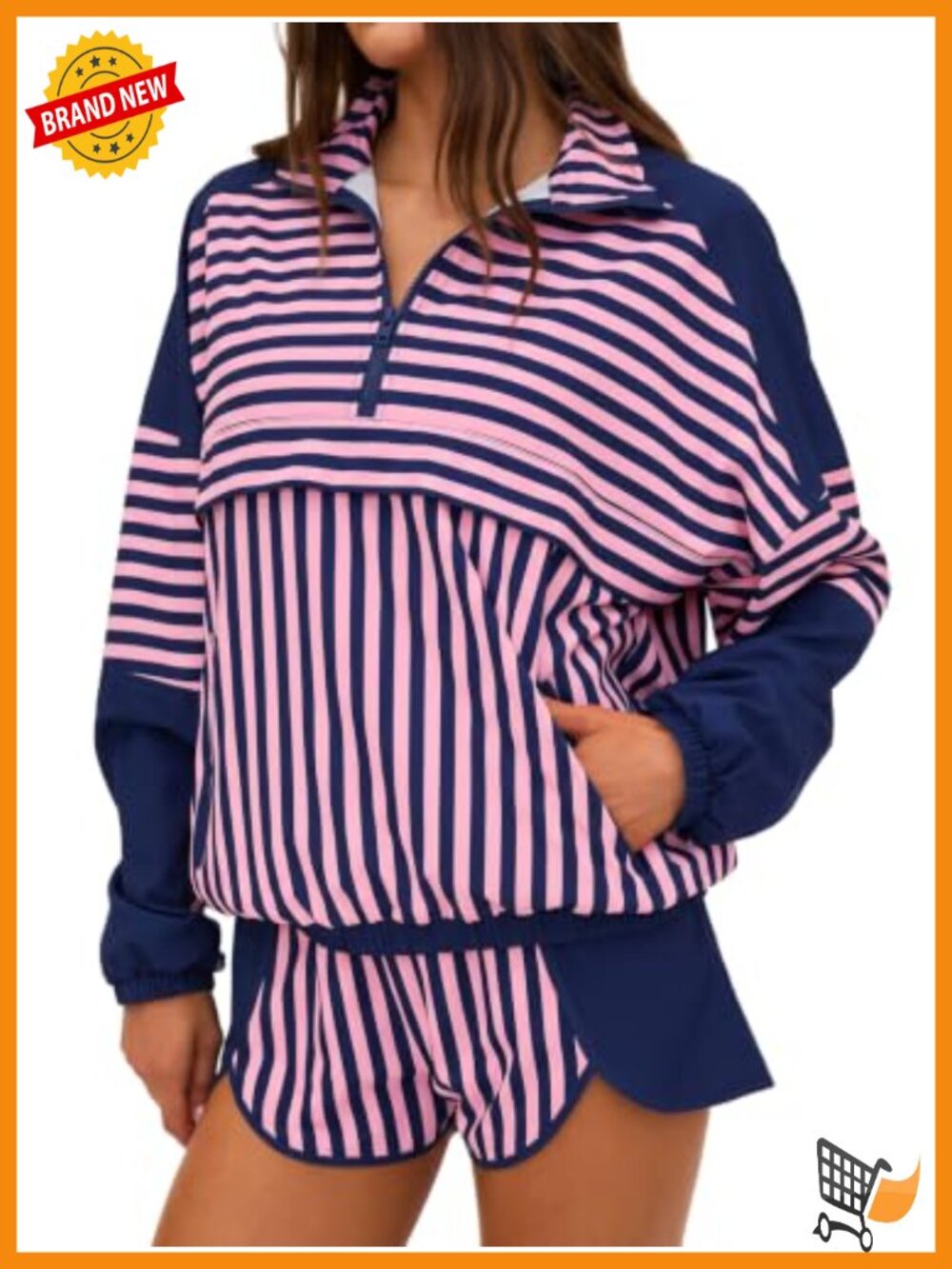 Striped 2 Piece Workout Set Long Sleeve Zip Top Athletic Shorts